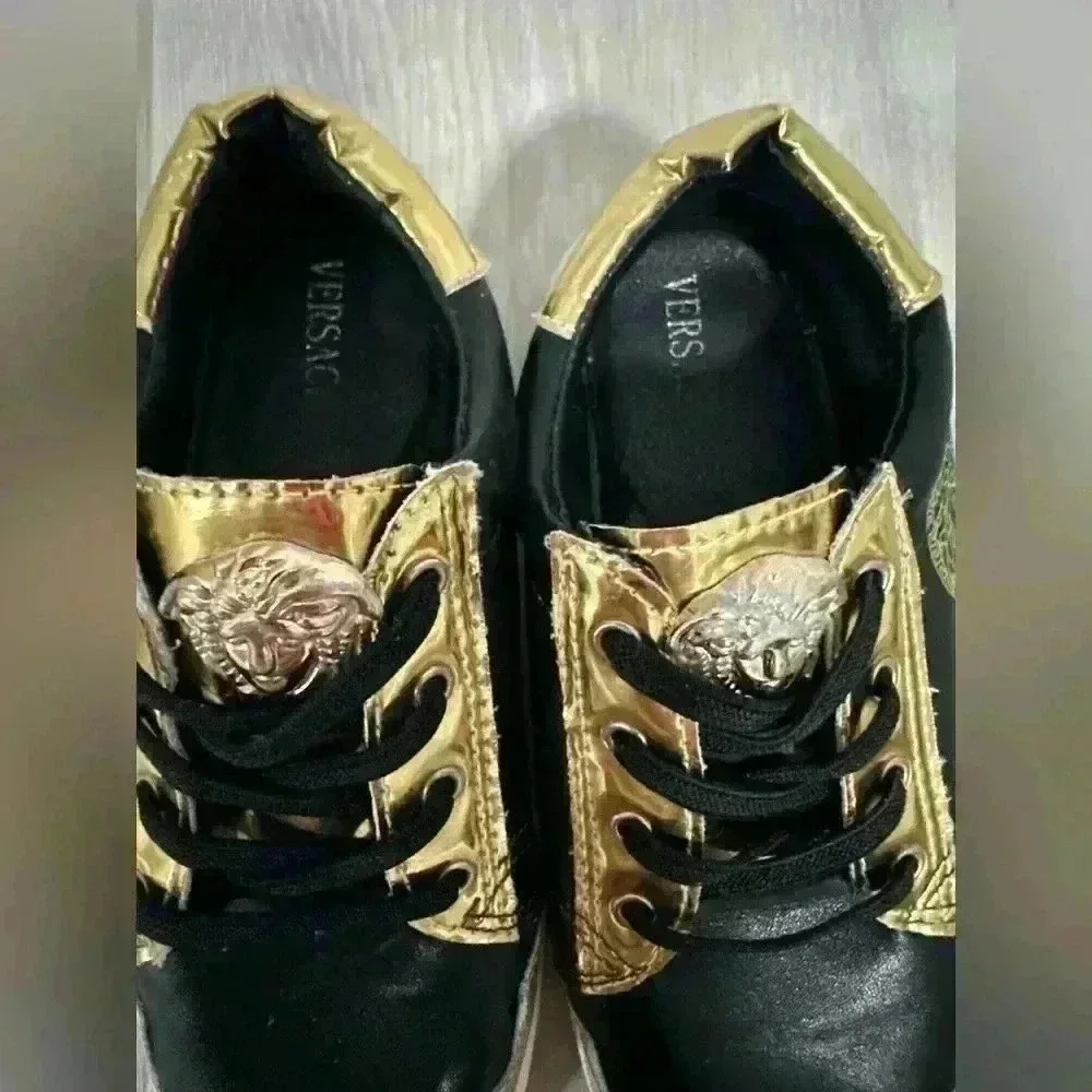 5. Versace sneakers boys shoes Leather Embossing Design Black Gold Metal Low Cut